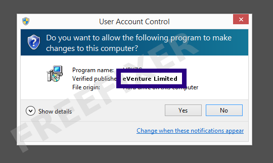 Screenshot where eVenture Limited appears as the verified publisher in the UAC dialog